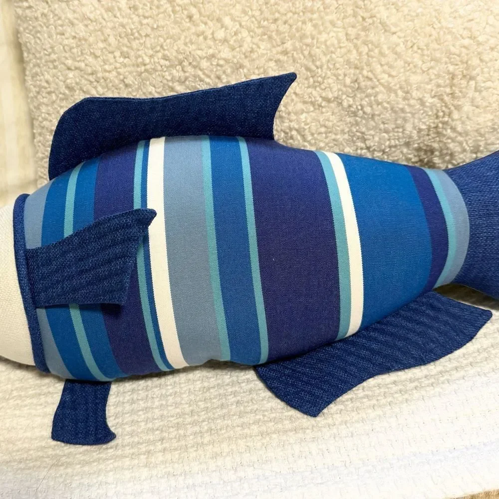 Fresh Catch Blue Striped Handcrafted Nautical Coastal Cottage Fish Accent Pillow